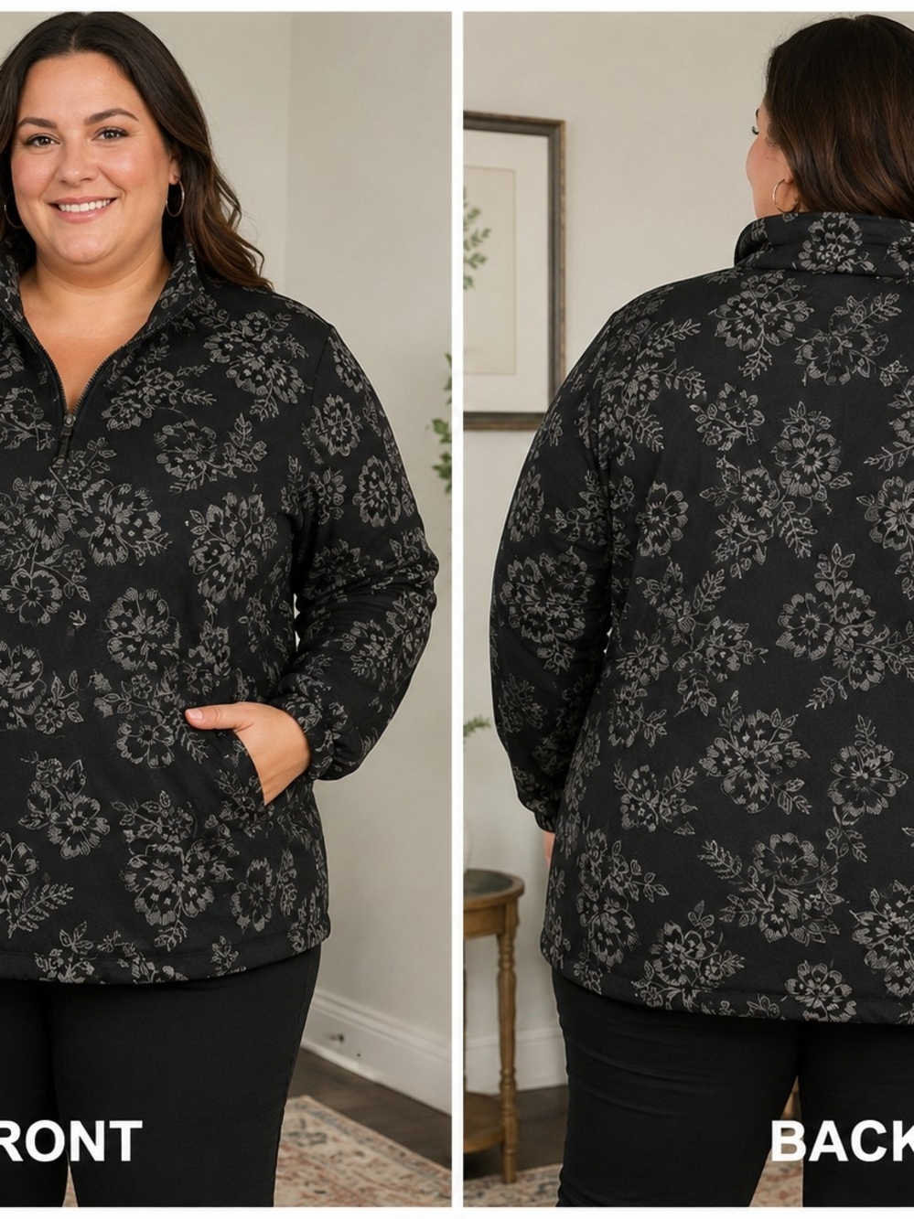 Avia Black Floral Quarter-Zip  Jacket/ Sweater Plus Size 3X